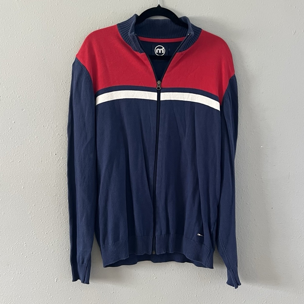 Mistral Zip Sweater Jacket Navy Red Stripe Mock Neck Large Preppy Colorblock